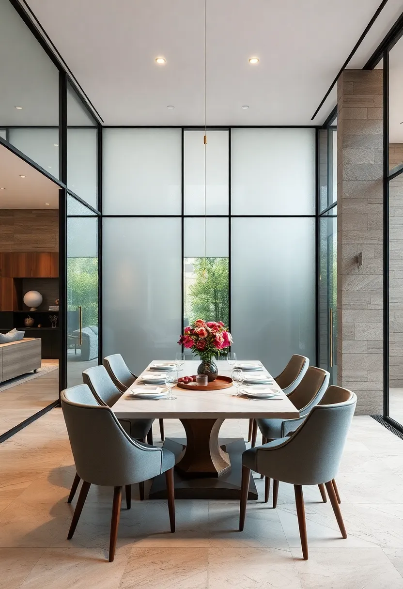 A sophisticated dining space that⁤ uses frosted glass walls to ⁢provide subtle privacy while maintaining an open, light-filled environment