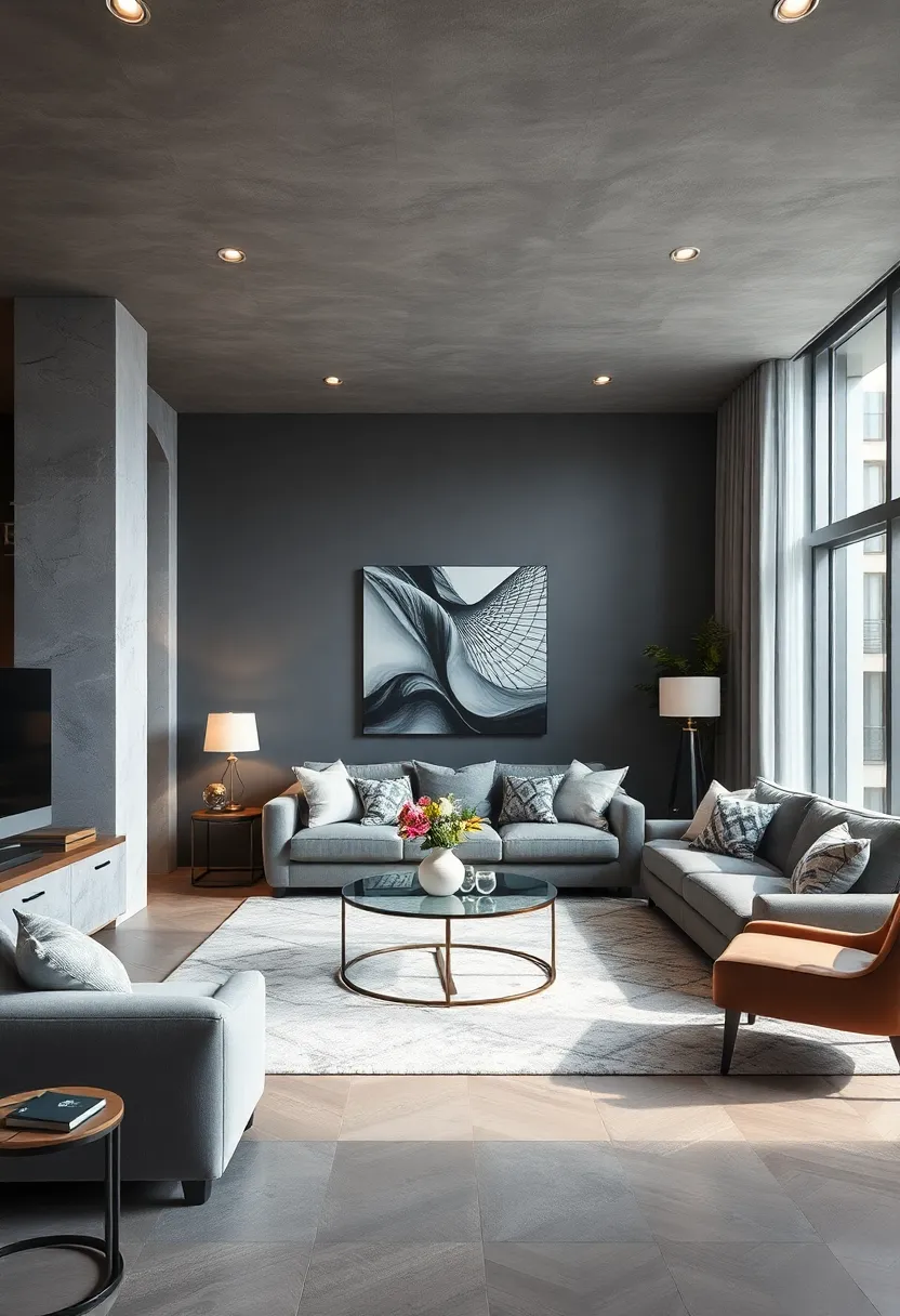 Charcoal Gray​ and Silver Accents: A bold ​combination that adds depth and shimmer to⁣ any modern living room