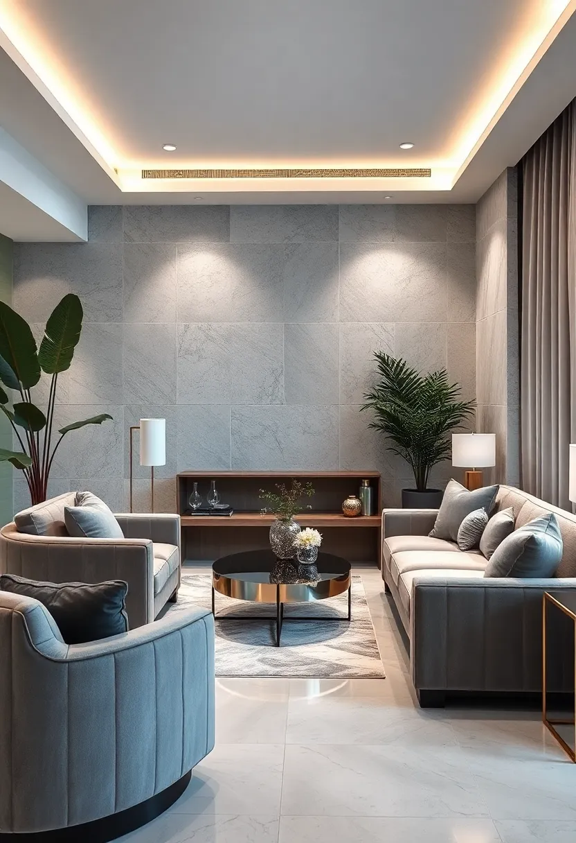 Soft Gray Velvet with Silver Leaf ⁢Decor: Luxurious textures paired with ⁢subtle shine for an elegant lounge⁢ area