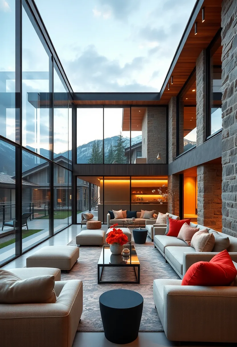 A mountain lodge with glass partitions‌ that⁣ frame breathtaking natural landscapes, blurring the line⁣ between‌ rugged wilderness‌ and refined interior design