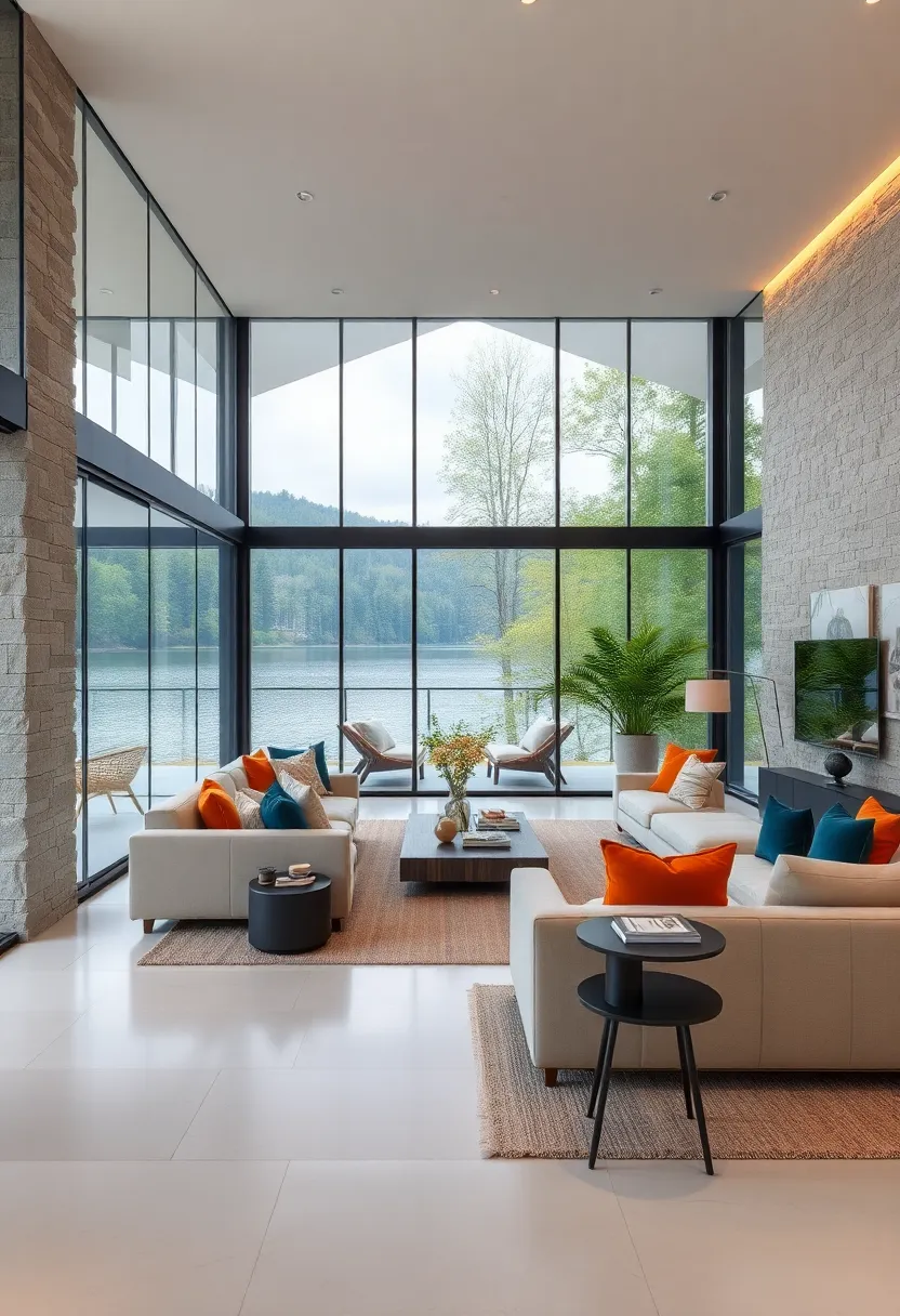 A serene lakeside cabin with glass walls that dissolve ⁣boundaries,‌ inviting nature’s‍ tranquility directly into the living space