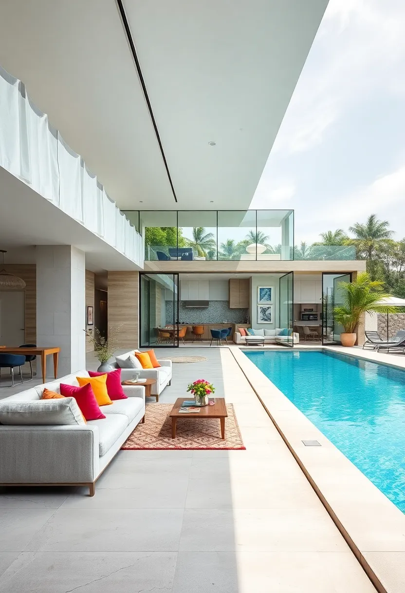A sleek waterfront⁢ property⁢ where transparent glass walls⁢ ingeniously connect living ⁤spaces to a⁢ stunning⁢ infinity pool