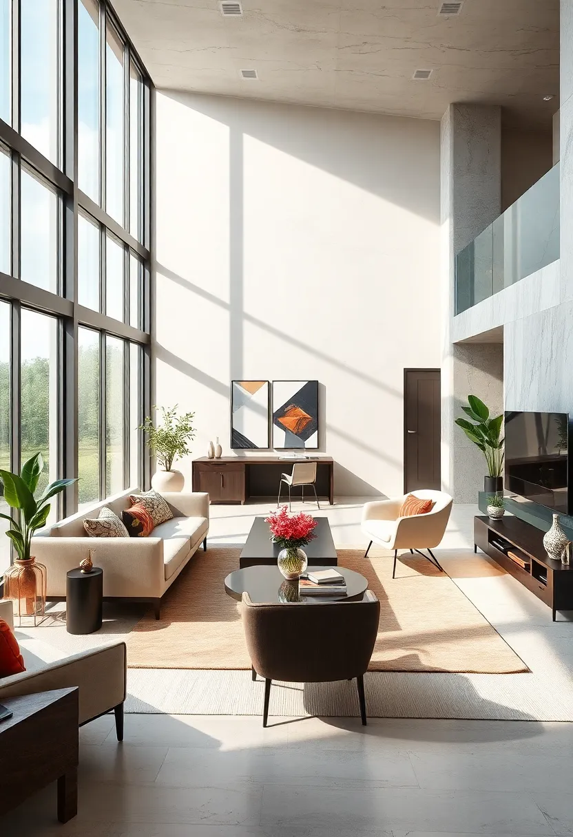 A sleek modern office featuring floor-to-ceiling windows that flood the space with natural light, paired with minimalist furniture for ​a clean, open feel