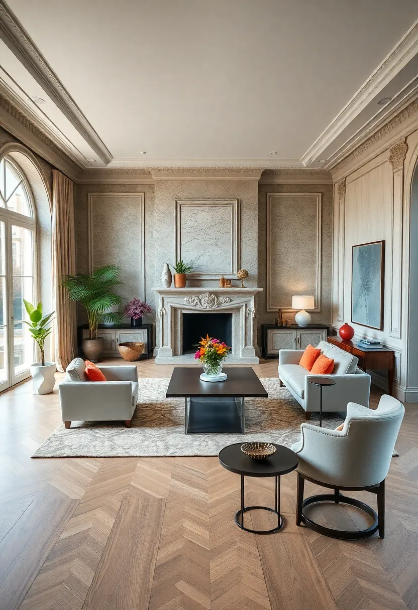 An elegant Parisian-style apartment office showcasing ornate molding, a‍ decorative fireplace, and wide-open floor space for comfort and appeal