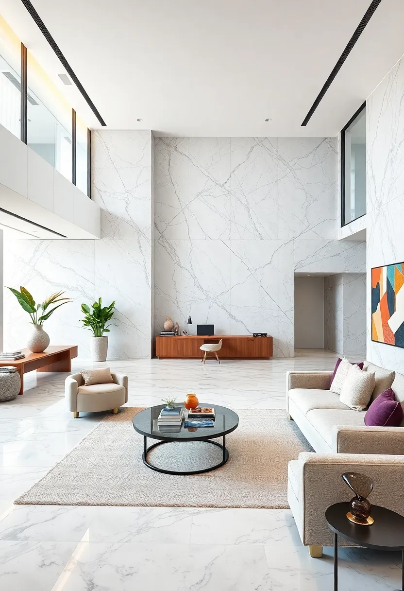 A⁣ luxurious marble-clad office ‌with a ​floating desk and plush seating, ⁤complemented by expansive open areas for movement ​and ease