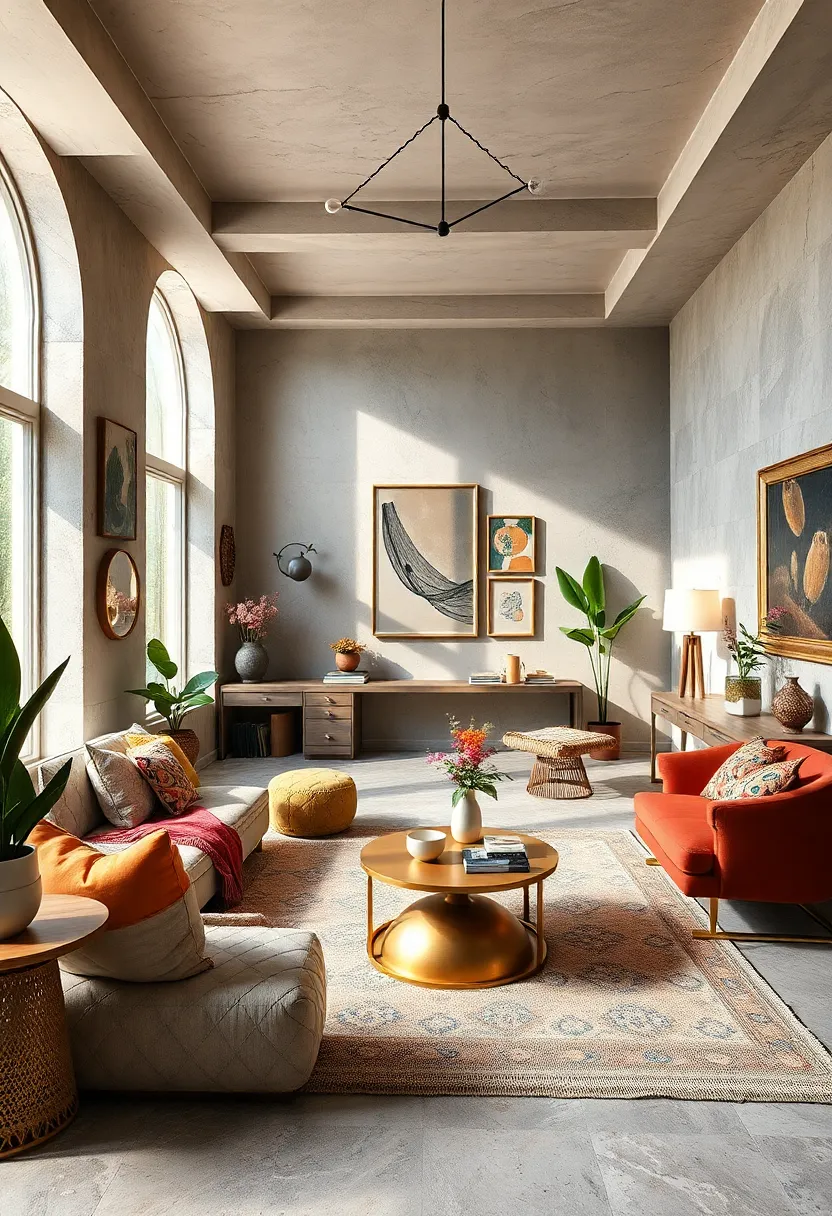 A chic bohemian office adorned ⁢with vibrant textiles, eclectic artwork, and an open layout that invites creativity and comfort