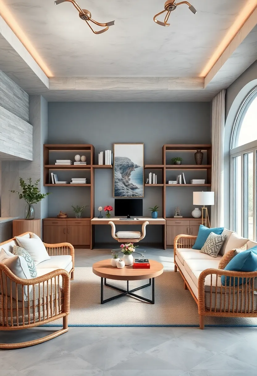A tranquil coastal-themed⁣ home office with soft blue accents, rattan⁣ furniture, ⁤and open shelving that creates a relaxed yet sophisticated vibe