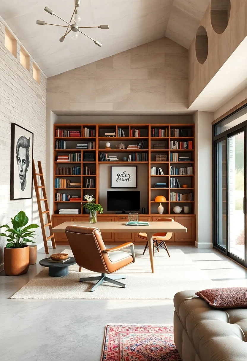 A classic library-inspired office with ladder-accessible shelves,a vintage leather chair,and open space to ‍enjoy‍ an ambient reading and working environment
