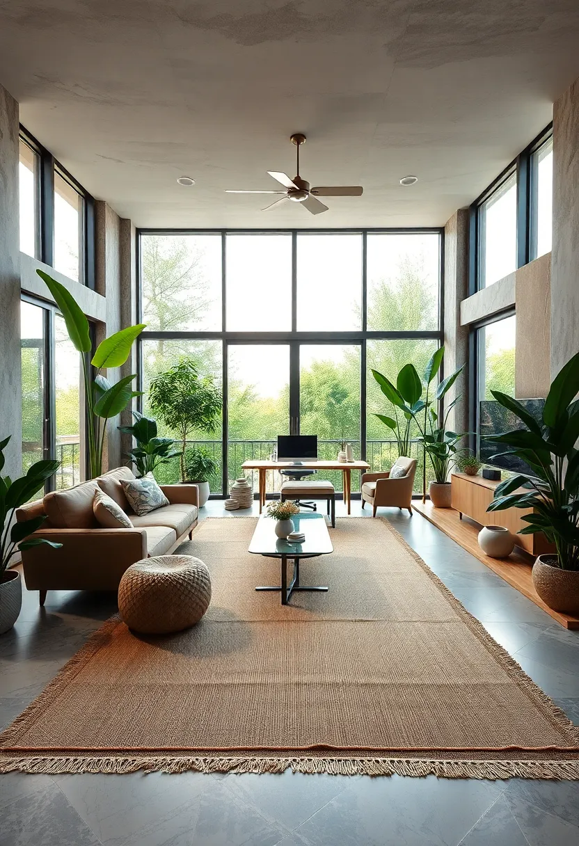 A nature-inspired​ office with large indoor plants, natural fiber rugs, and expansive windows connecting‍ the room to the outdoors