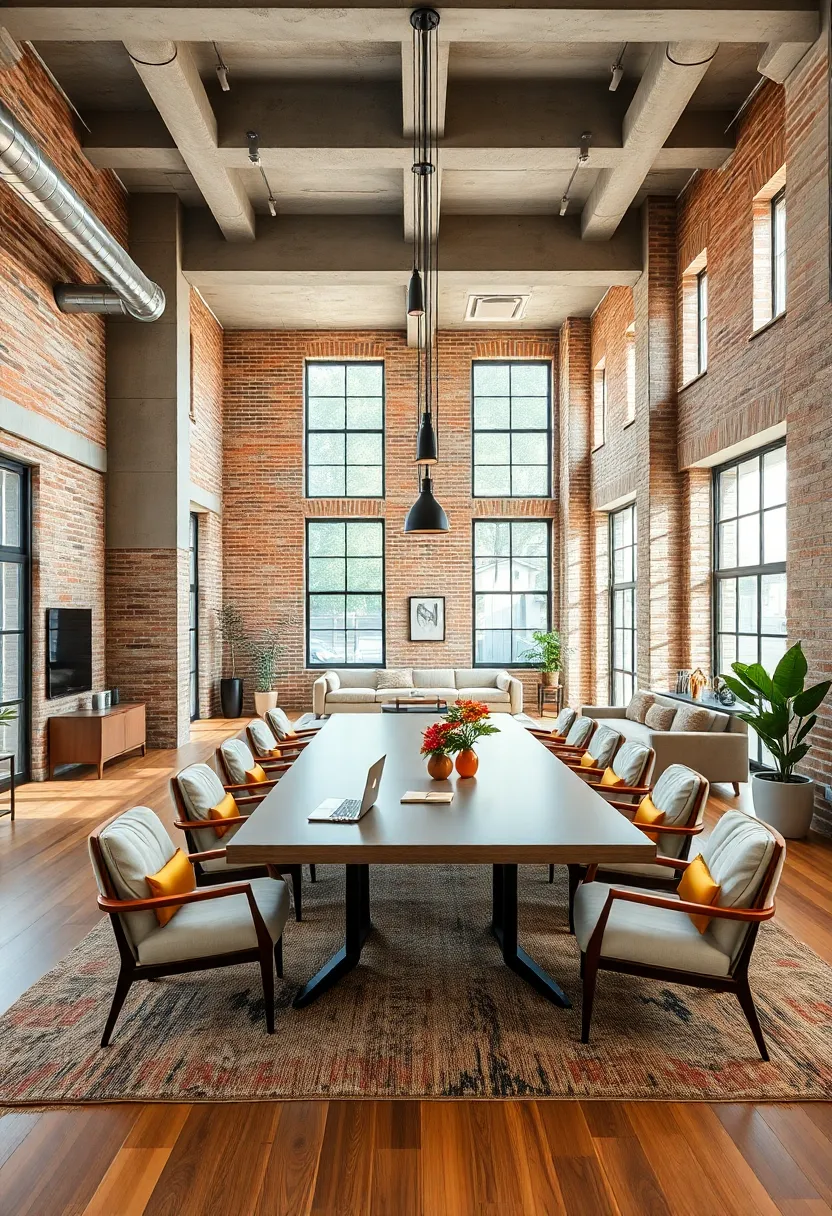 A bright⁢ and airy loft-style office with exposed brick walls, high ceilings, and a large⁢ communal work table designed for collaboration and inspiration