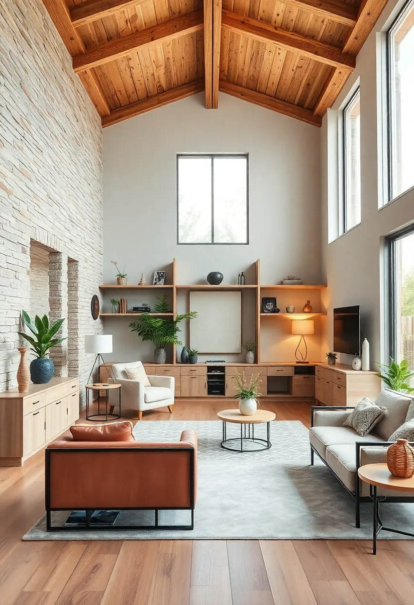 A warm farmhouse-style office featuring reclaimed wood, open shelving, and soft pastel accents to create an ‌inviting workspace