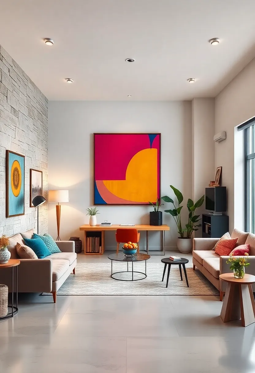 A colorful creative studio with bold wall art,mix-and-match furnishings,and an open layout encouraging artistic expression