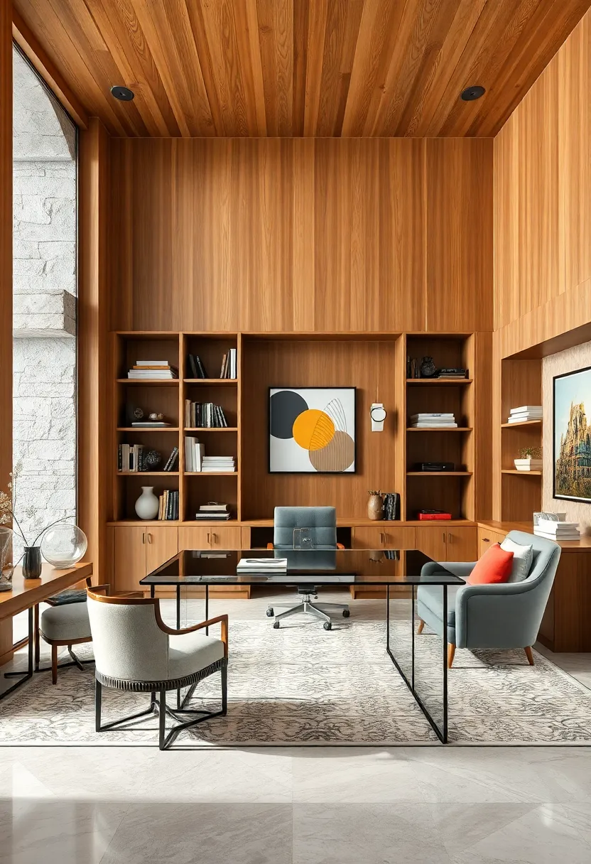 An elegant wood-paneled room with​ an ‍open ⁤layout, showcasing built-in bookshelves and a spacious glass desk to enhance productivity and style