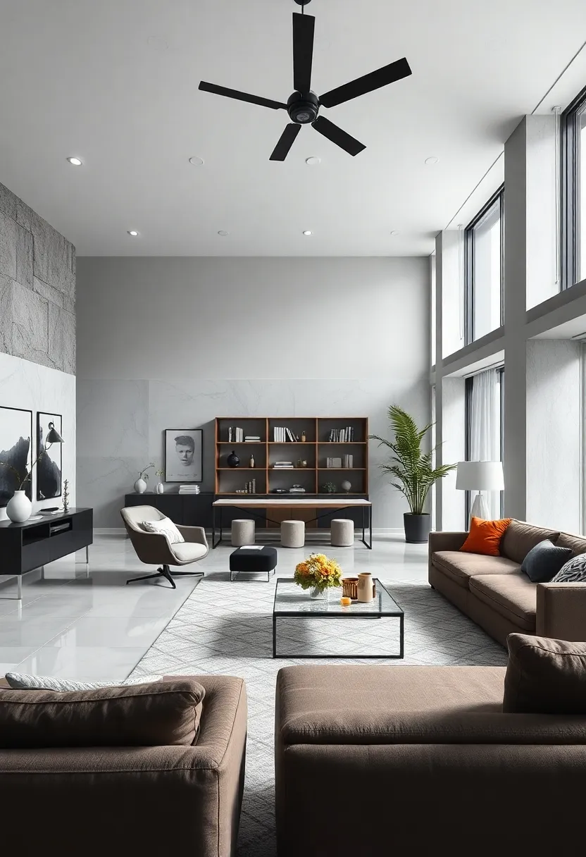 A sophisticated monochrome space combining black and white furnishings with wide, open areas to balance functionality and modern design