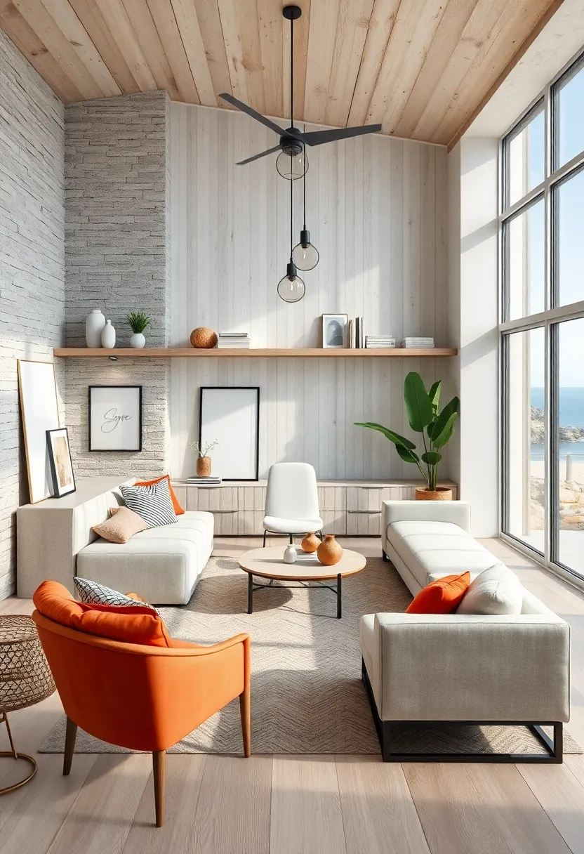 A serene minimalist coastal nook featuring floating shelves, whitewashed‍ wood, and simple furnishings to maximize openness and tranquility