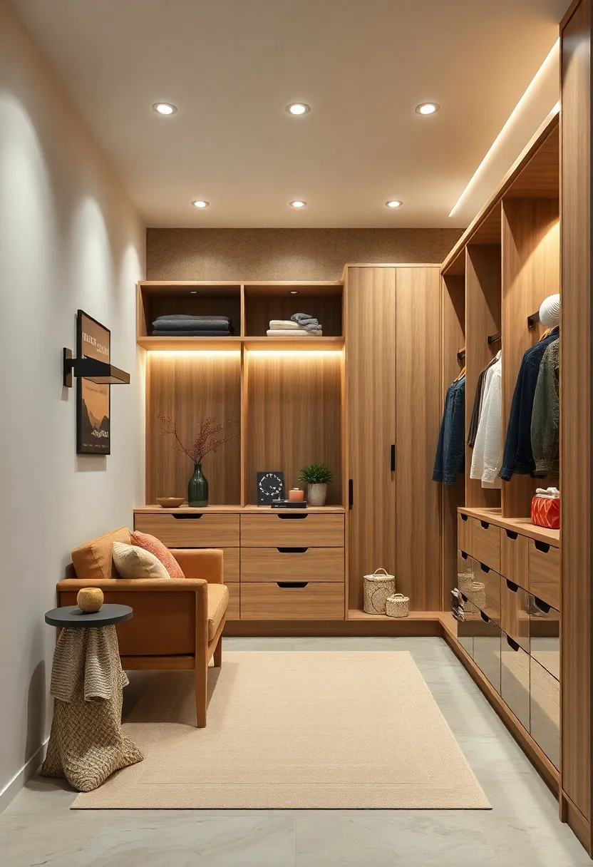 Elegant Scandinavian Walk-In Closet Featuring⁣ Natural Wood Tones‌ and Soft Ambient Lighting for a‌ Cozy Atmosphere