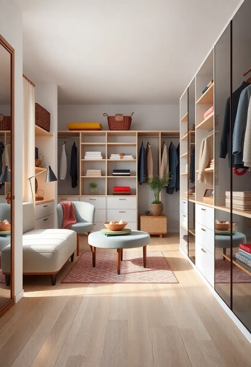 Light Oak Flooring Complementing ⁣White Walls and Streamlined Storage in a Spacious ⁤Scandinavian Walk-In Closet