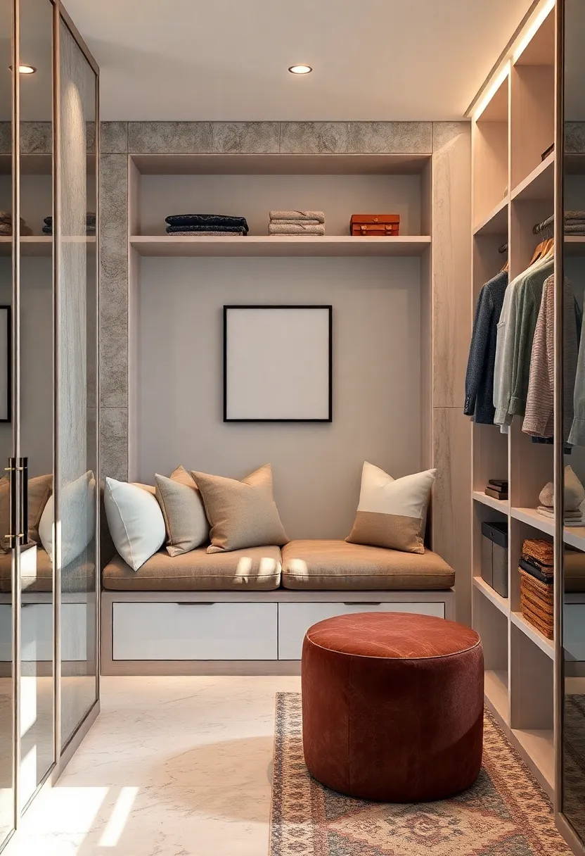 Built-In⁣ Seating Area with plush Cushions and Hidden Storage Options in a Sophisticated Scandinavian Walk-In⁤ Closet