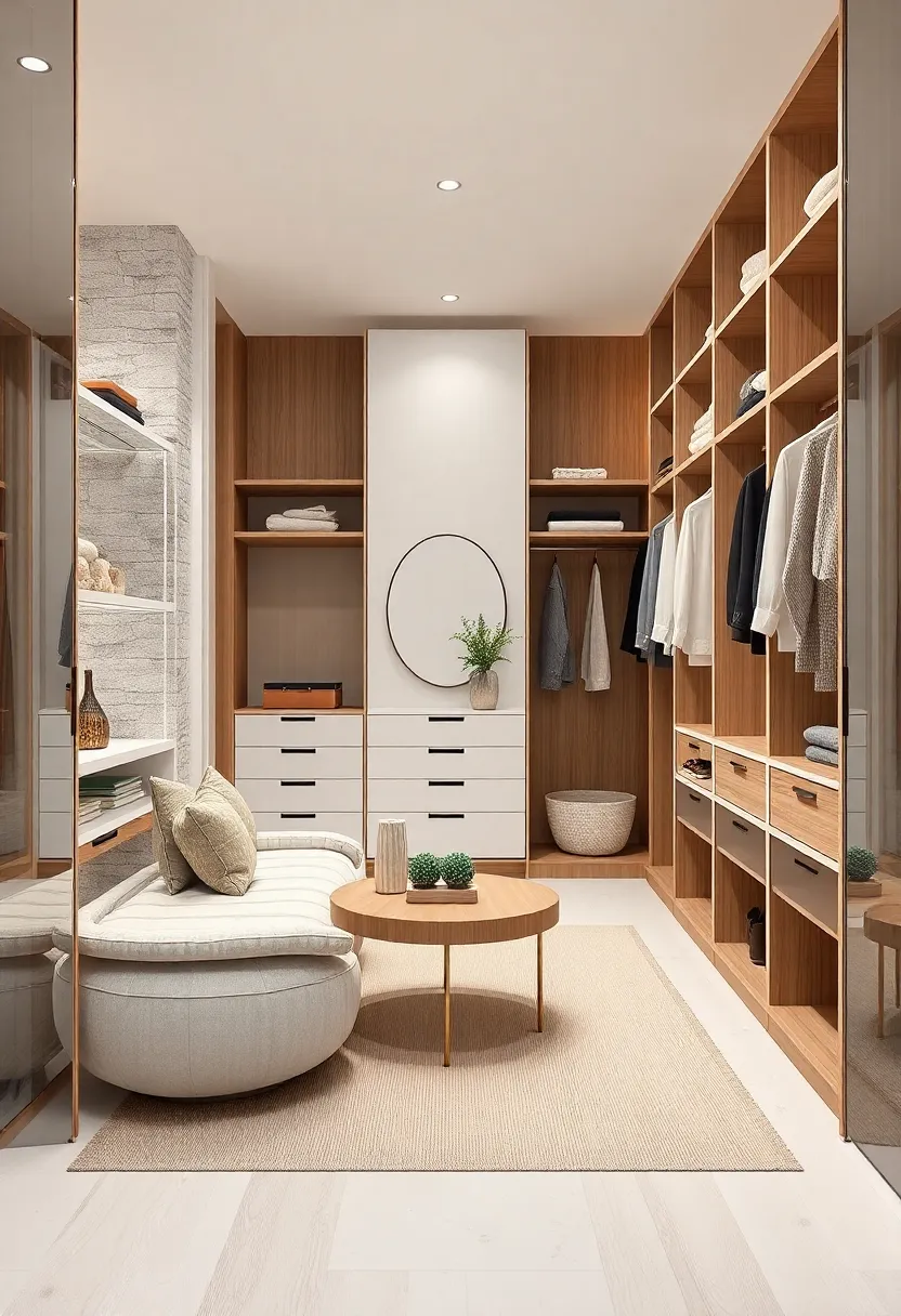 Natural Eucalyptus Wood Accents Paired with Matte White Surfaces Bringing Organic Elegance to Closet Spaces