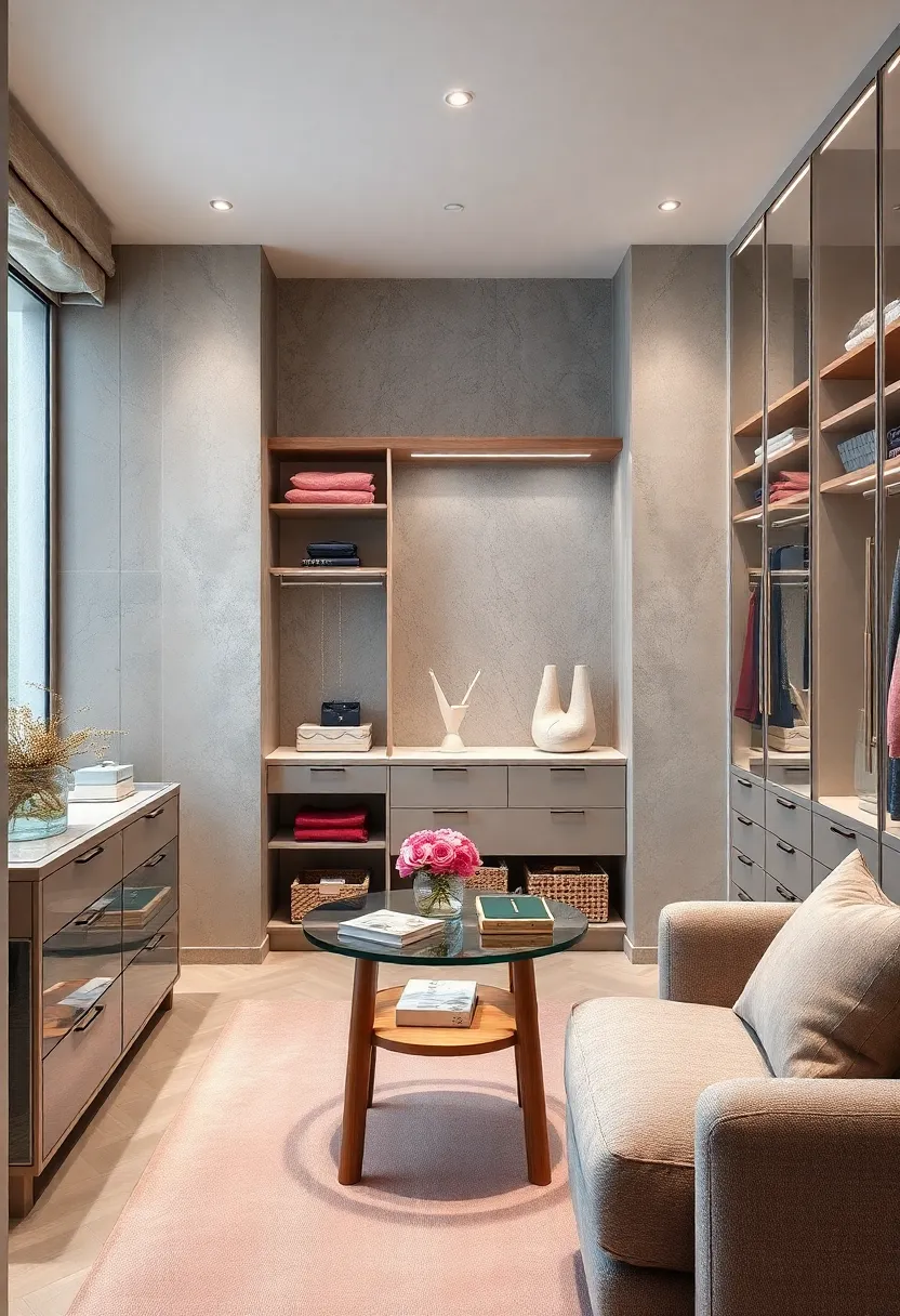 Minimalist Jewelry Display with Clean Glass Cases⁣ and Lindy Wood Stands in a Scandinavian Closet Setting