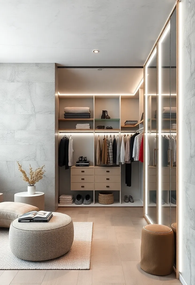 Open Wardrobe with Glass Doors and Integrated LED Strips ​Showcasing Minimalist Scandinavian Fashion Display