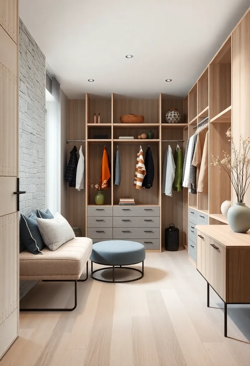 Mixed Materials‌ Combining⁢ Light Pine Wood⁢ and Crisp Metal Hangers in a Chic Scandinavian Walk-In Closet Setting
