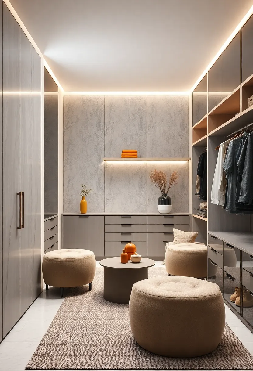 Textured Wall Panels in Light Gray Adding Visual Interest ⁣While Maintaining Scandinavian Minimalism in Closets