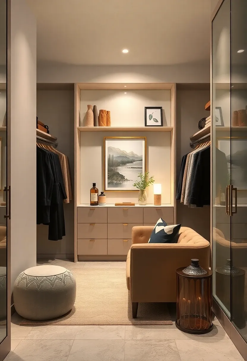 Subdued Decorative Art Pieces and Scandinavian-Inspired Prints Adding Personality to a Calm Walk-In Closet Atmosphere