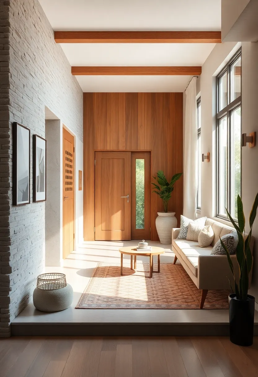 Mid-Century Modern Entryways Showcasing Sleek Wooden Peg Rails with Minimalist Surrounding Decor