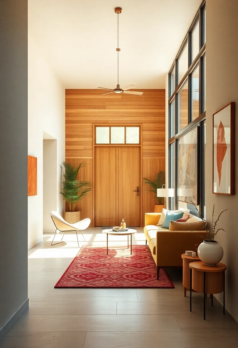 Warm Tones and Natural Wood textures Framing an Inviting Mid-Century Modern Entryway with Peg Rails