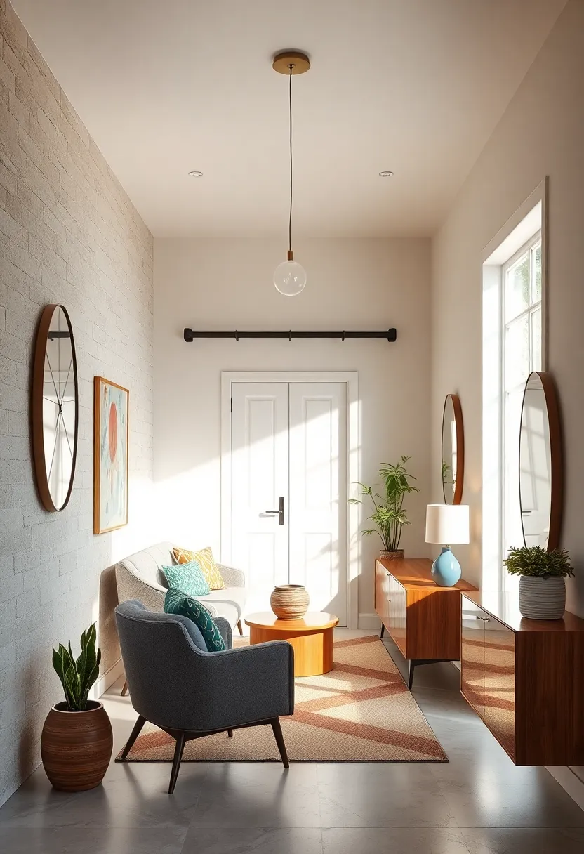 Sunlit Entryway Featuring Bold Geometric Patterns Complementing a Functional Peg Rail Installation