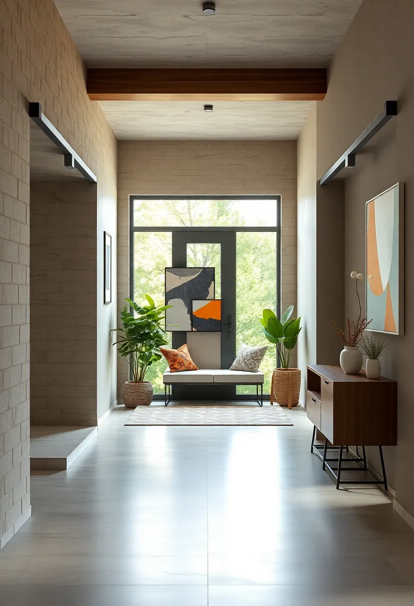 Neutral Entryway Adorned with Abstract Color Blocking and Simple Functional Peg Rails