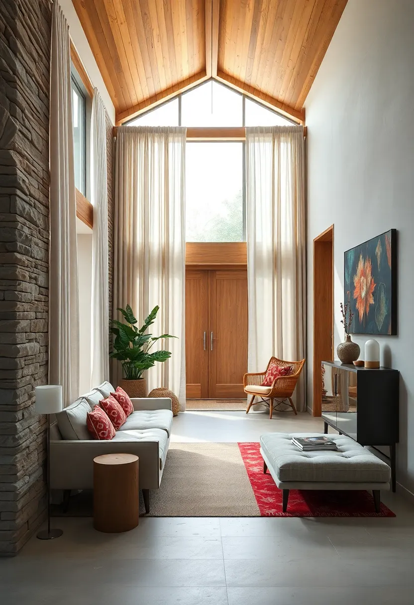 A Textured Mid-Century Modern Foyer Combining Linen Curtains and Peg Rails Crafted from Blonde oak