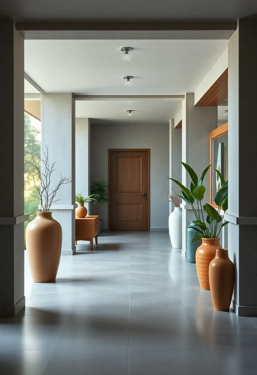 Wide Perspective of an Entry Hall Featuring Peg Rails Interspersed with Mid-Century Ceramic vases and Planters