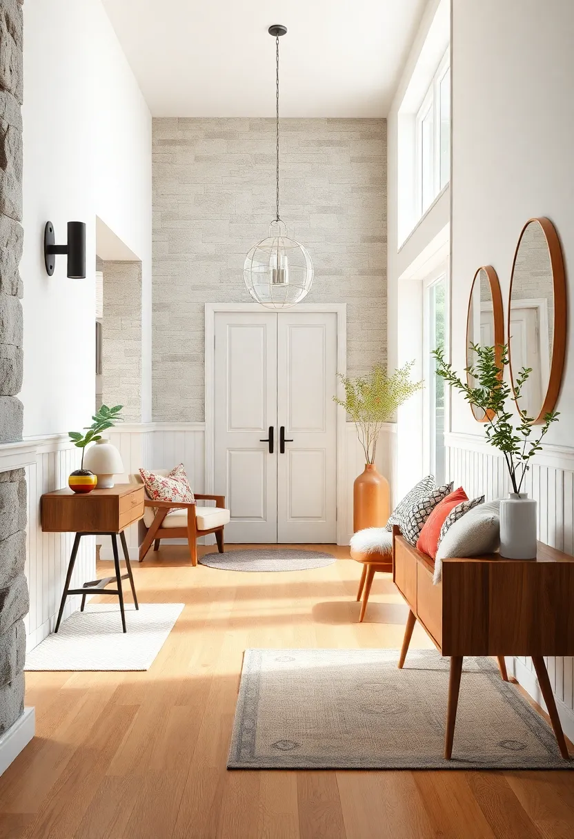 Scandinavian Influences in Mid-Century Modern Entryways Highlighted by White Peg Rails and Natural Pine Flooring