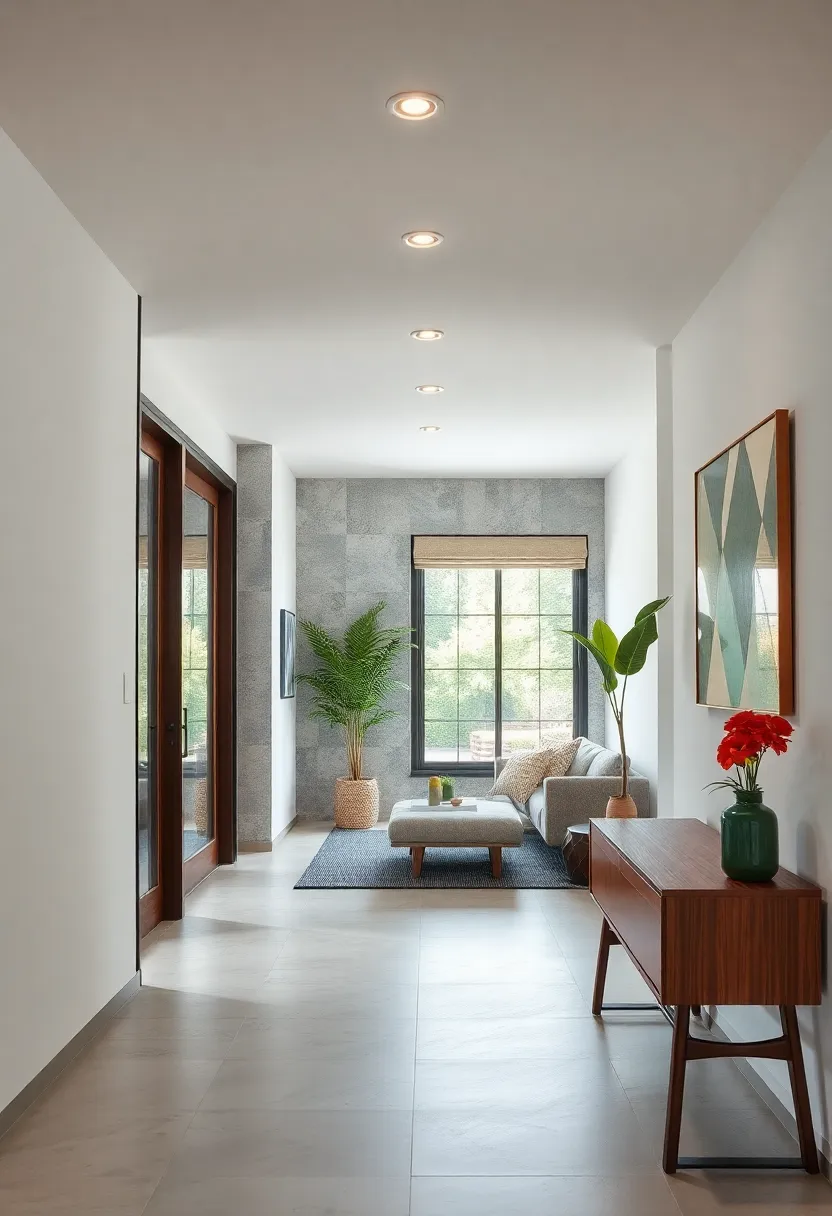 A Close-up of Peg Rails Crafted from Rich Teak Mounted Above a Narrow Mid-Century Modern Bench