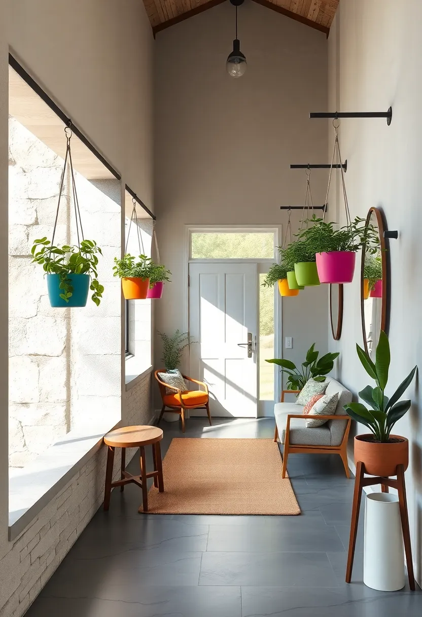 Mid-Century Modern Entryway Bathed in Natural Light with Colorful Hanging Planters on Peg Rails
