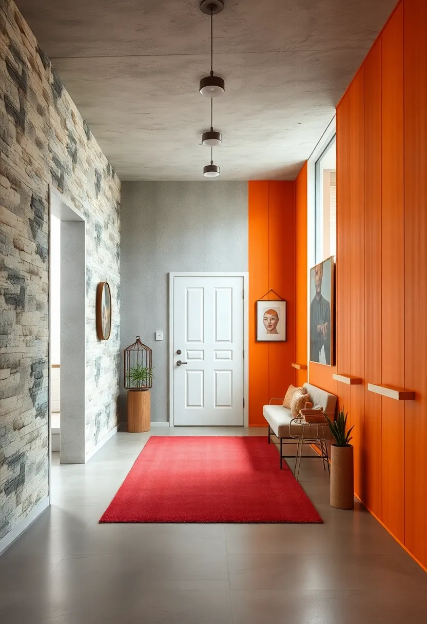 A Vibrant Entryway with Bold Orange Wall Panels Counterbalanced by Simple Wooden Peg Rails