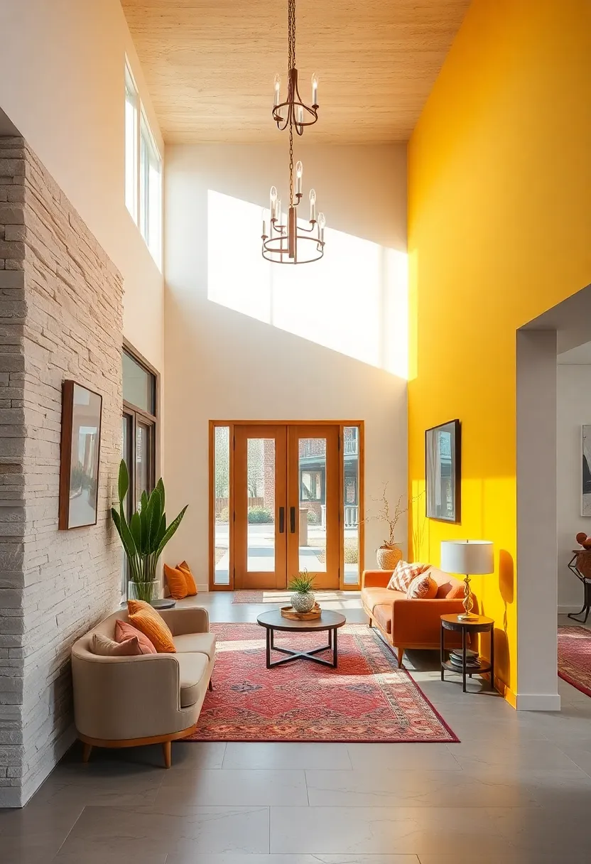 Open Concept Foyer with Bright accent Wall and Curved Wooden Peg Rails Creating a Sense of Flow
