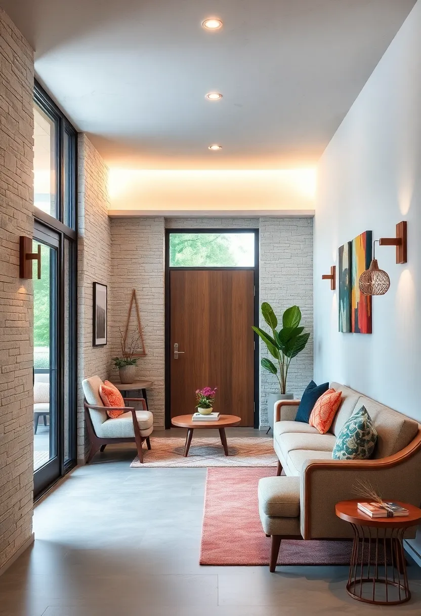 Tiny Mid-Century Entrance with A Curved Peg Rail and Space-Saving Functional Seating