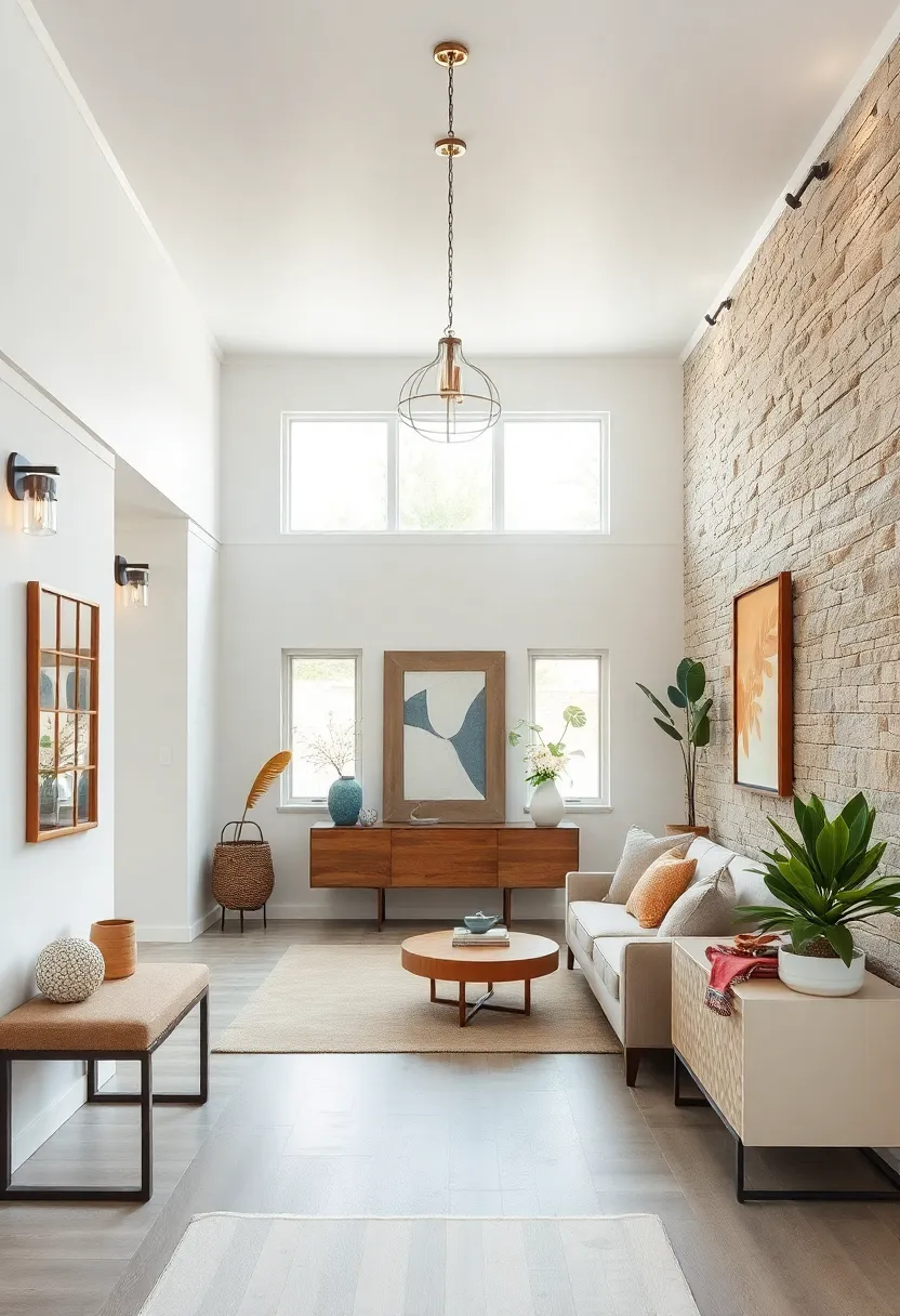 Neutral Color Palette Focused on Textural Contrast Between Peg Rails and Stone accent Walls