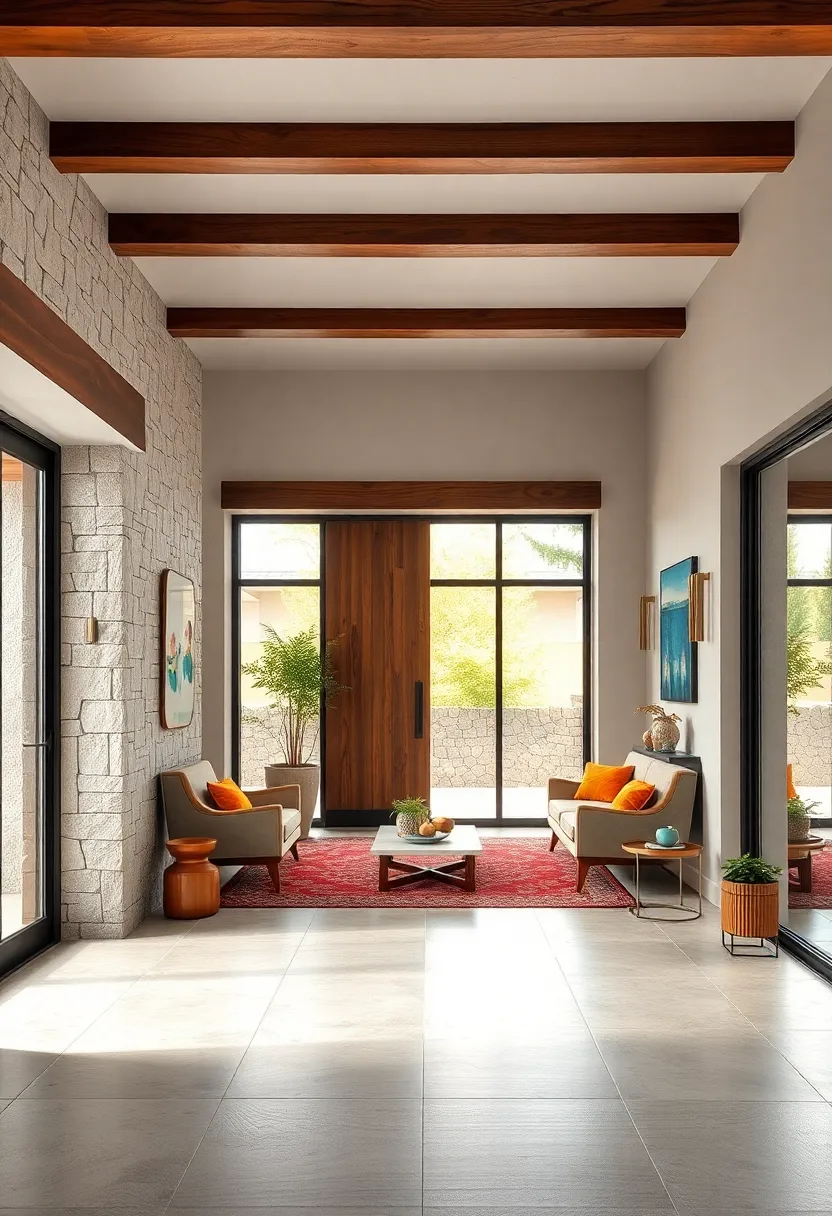 Showcase of Multiple Peg Rail Styles in various Mid-Century Modern Entry Configurations with Stone and Wood