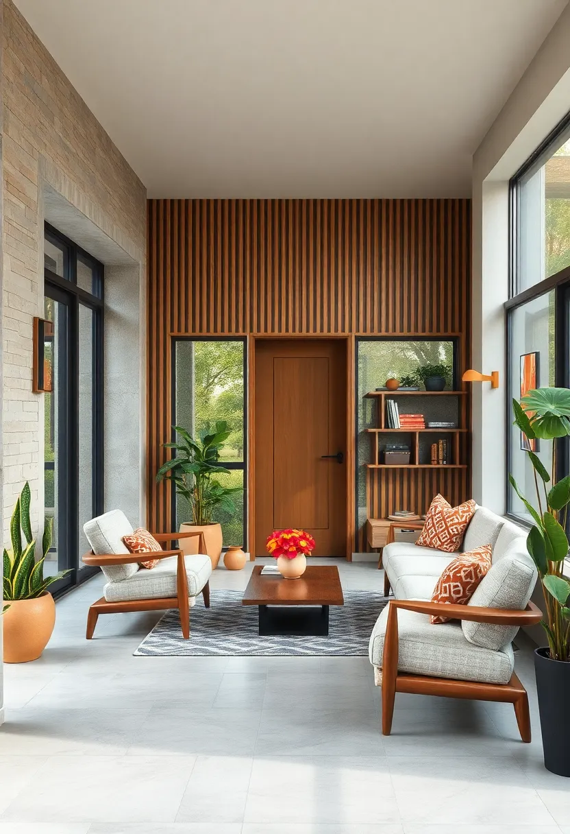 Wide Shot of a Mid-Century Modern Porch with Vertical Slat Walls and Integrated Peg Rails for Storage