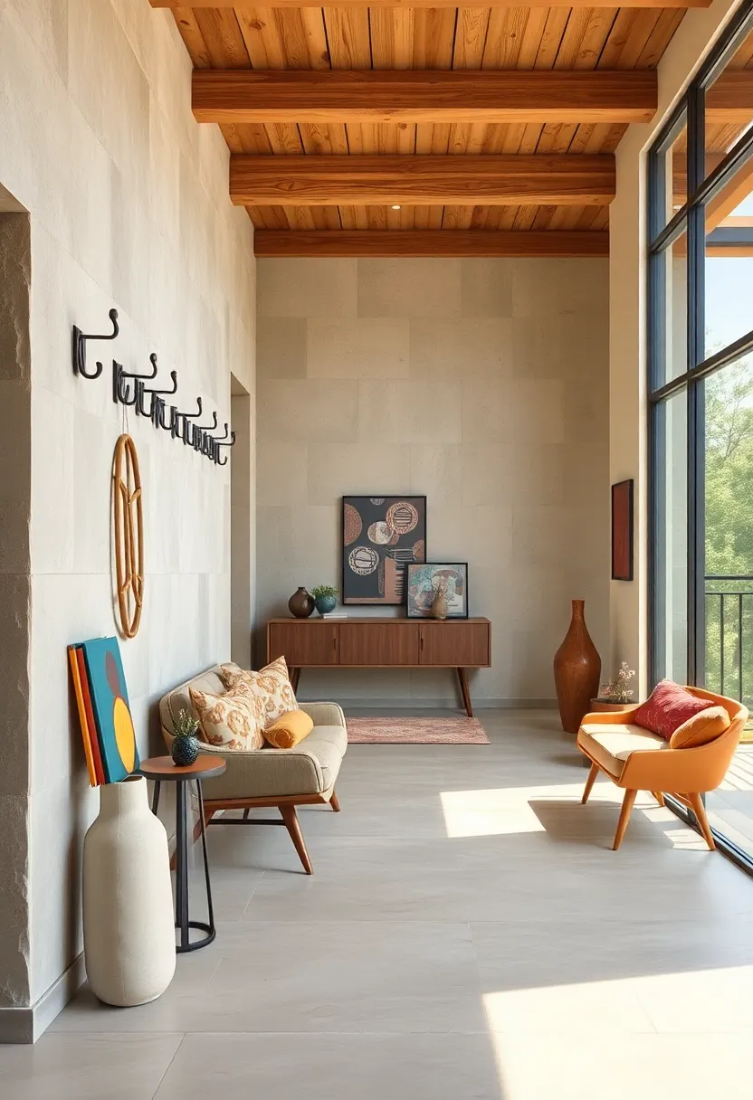 Peg Rails with playful Hooks Arranged in Rhythmic Patterns Alongside Vintage Portfolios and Sculptures