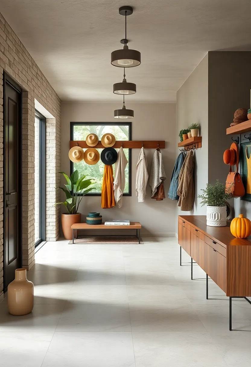 An Inviting Mid-Century Entry Complete with Peg Rails Displaying Vintage Hats and Lightweight Coats