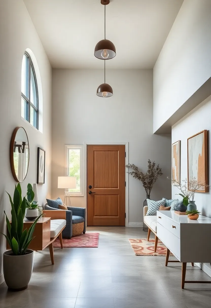 Contrasting materials in Mid-Century Entry Design Emphasizing Smooth Peg Rails and Retro Lighting Fixtures