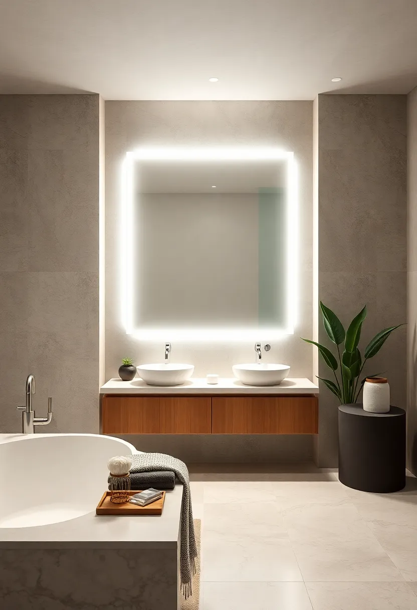 Backlit frameless mirror serves‍ as both a light⁢ source‌ and a design centerpiece in a clean,minimalist space