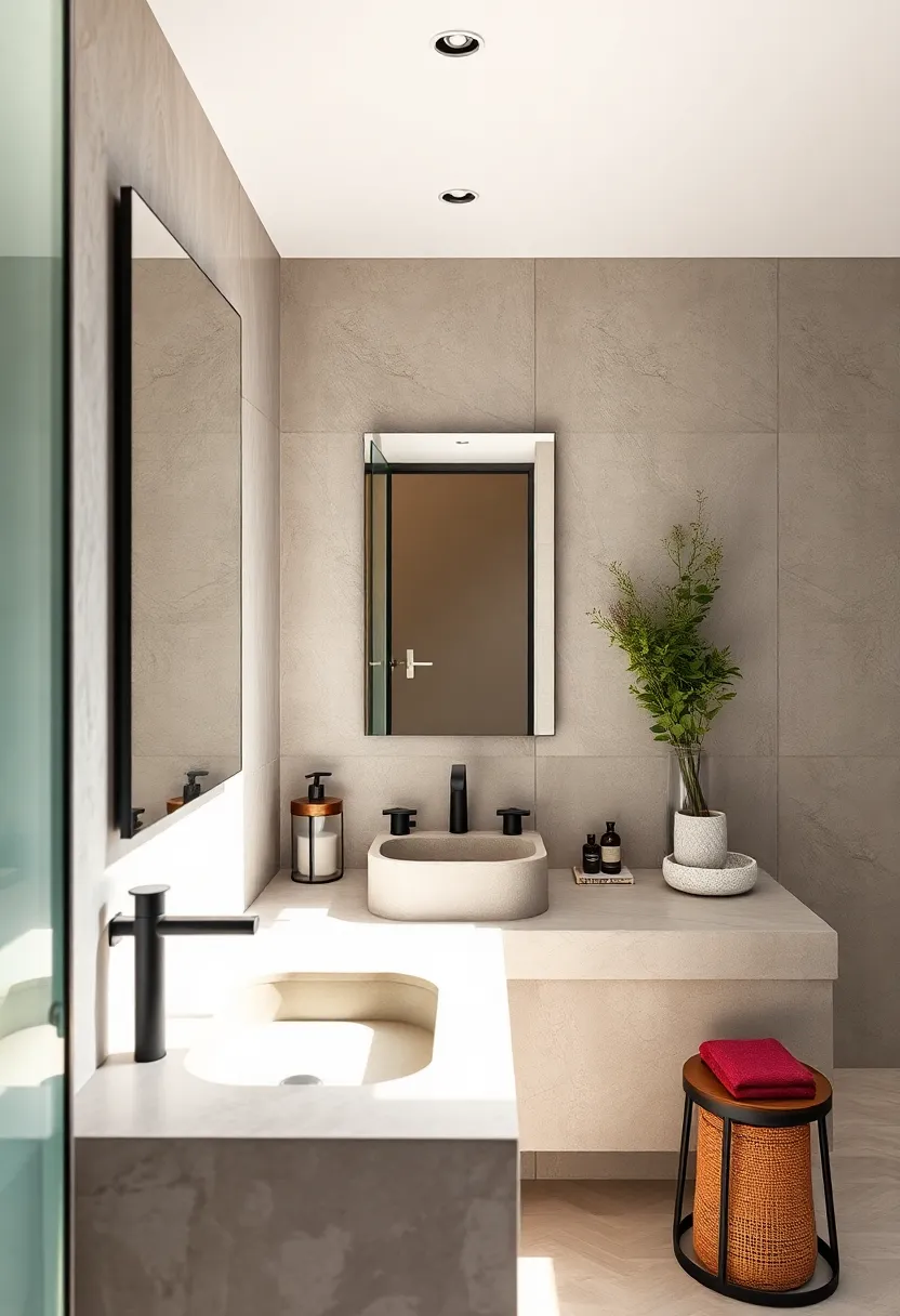 Concrete basin, matte black⁢ fixtures, and a frameless mirror evoke a‍ refined industrial minimalist bathroom