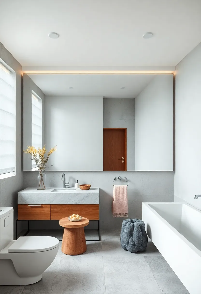 Expansive⁤ frameless mirror spans the width of the wall, doubling the visual space in this monochrome ​bathroom