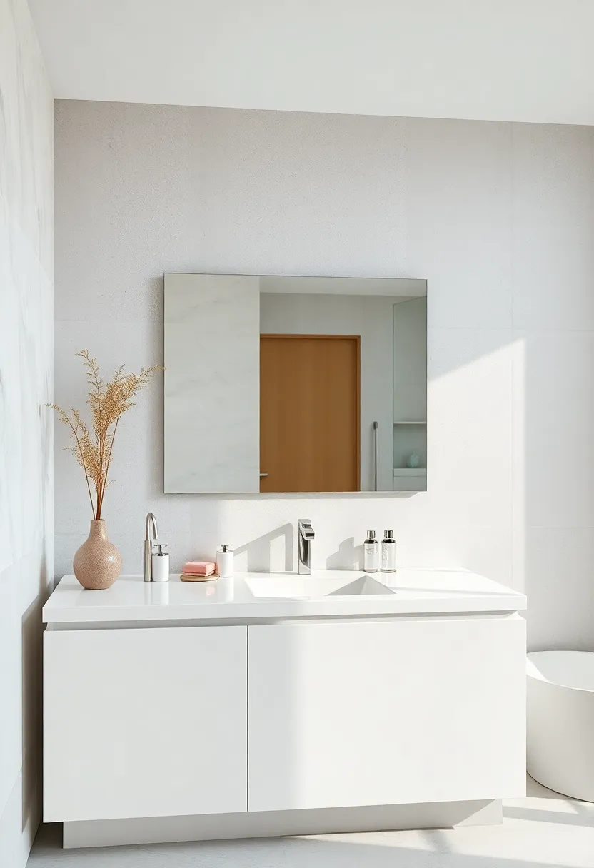 Frameless mirror paired with a pristine white countertop and⁤ soft gray walls for a calm⁢ and modern ‌atmosphere